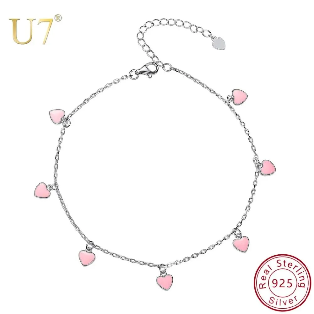 Anklets U7 925 Sterling Silver Summer Clety Condy Coll Color Onamel Pink Heart Anklets for Women Leg Bracelet Jewelry Foot Chain A331