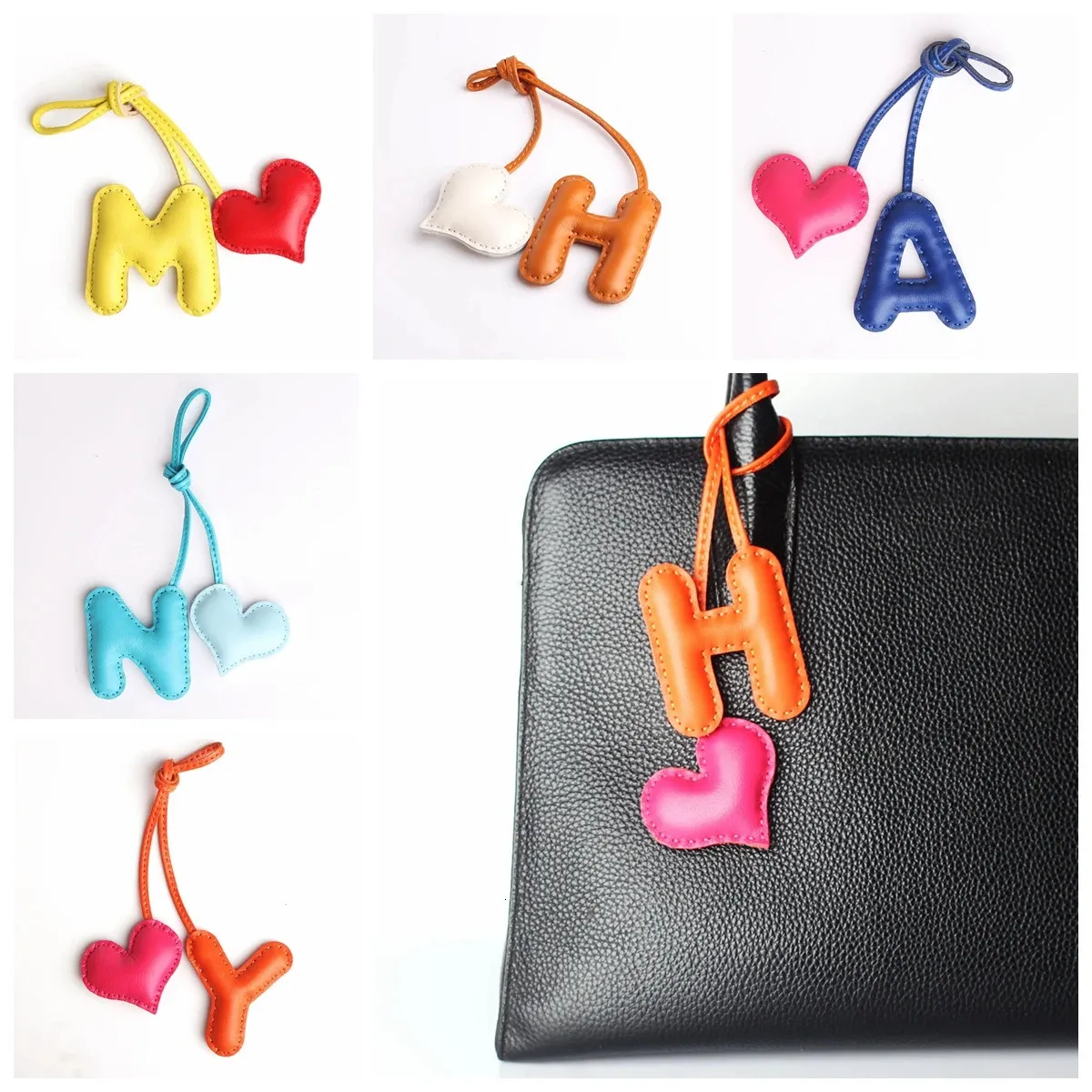 M H W A Y N F Heart Luxury äkta läder Engelska brev nyckelring för bilhänge Key Chain Women Bag Charm Accessories 240110