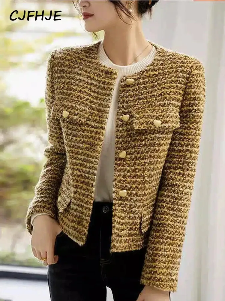 CJFHJE femmes or court manteau de laine automne hiver mode coréenne Tweed élégant rétro femme OL vêtements d'extérieur veste en laine 240110
