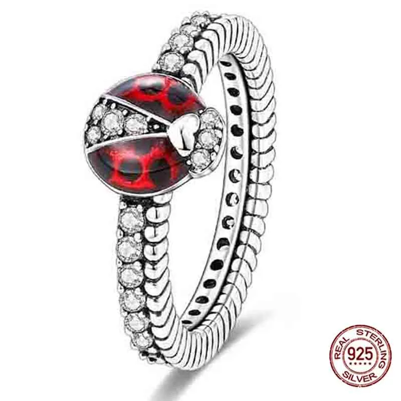Novo 100% 925 prata esterlina original senhora bug animal anéis para mulheres luxo zircão simples anéis de dedo aniversário jóias presentes