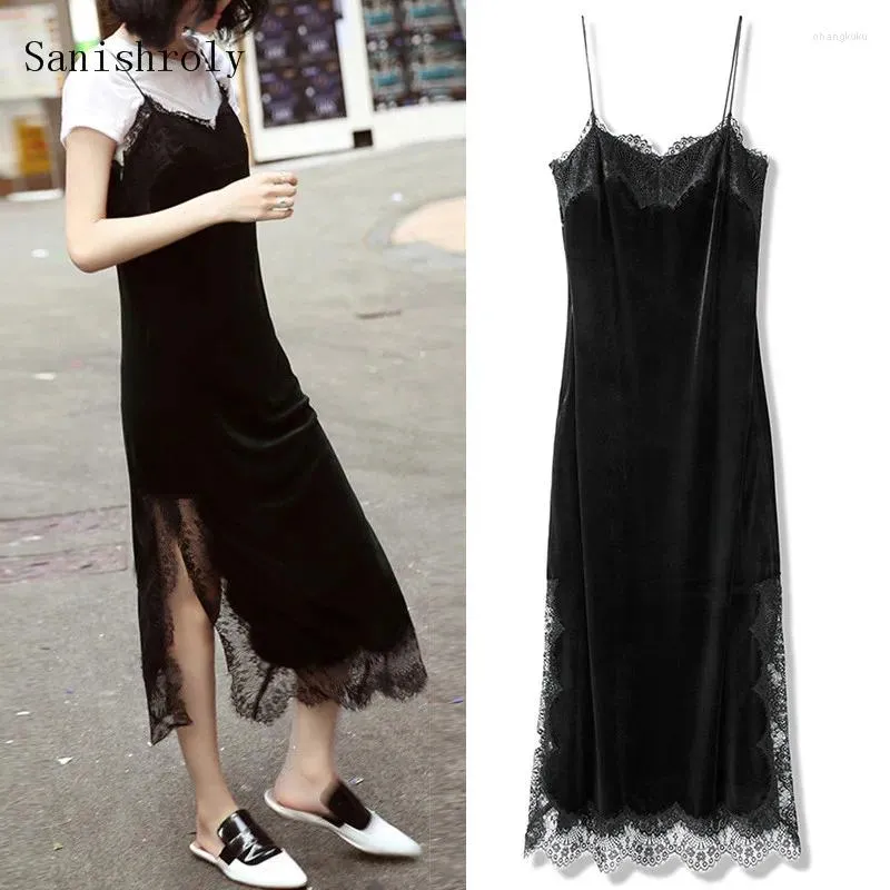 Casual Dresses Sexy V-Neck Split Velvet Dress Women Long Spaghetti Strap Eyelash Lace Female Autumn Winter Bottoming Vestidos