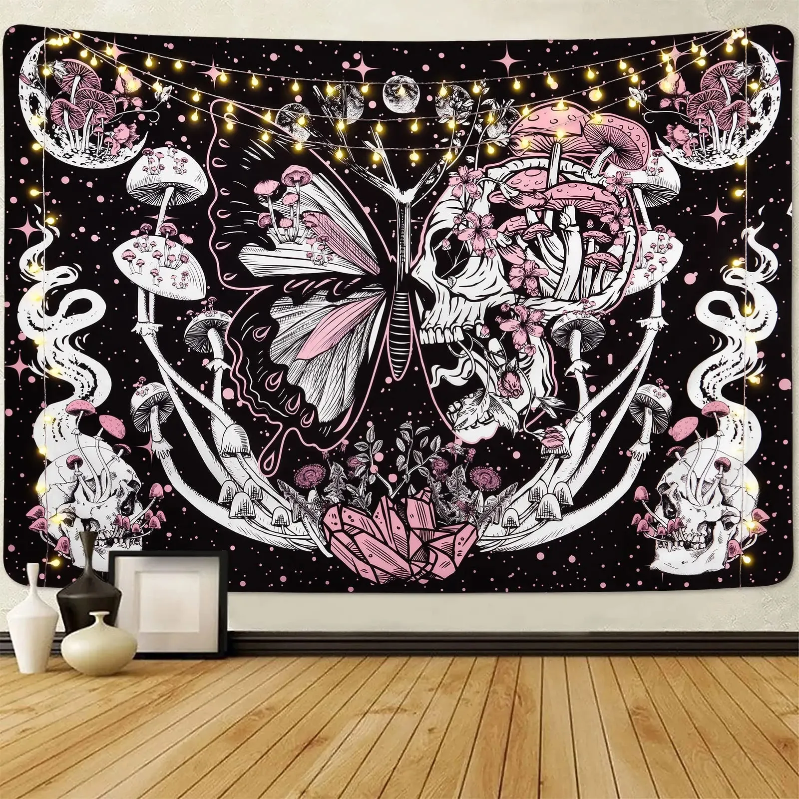 Tapisserie de crâne Hippie champignon, tenture murale esthétique, papillon de nuit, lune et étoiles, serpent, décoration pour salon, 240111