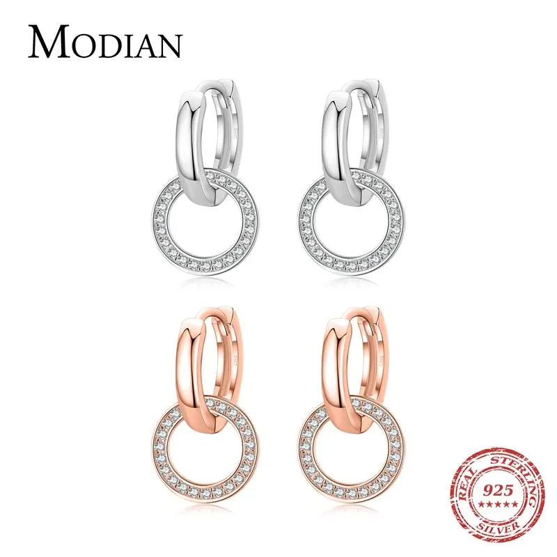 Kolczyki Modian Rose Gold Kolor Kolor Kolorki Klasyczne Klasyczne 925 srebrne okrągłe okrągłe crow CZ Dangle Earring dla kobiet biżuteria ślubna