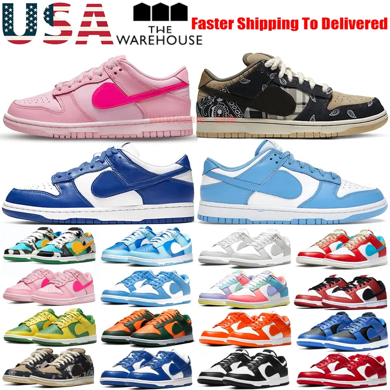 USA Warehouse شحن Panda Running Shoes Low Black White Gray Fog Kentucky Syracuse University Blue Red Triple Pink Mens Designer Miami Sneaker Size 36-45