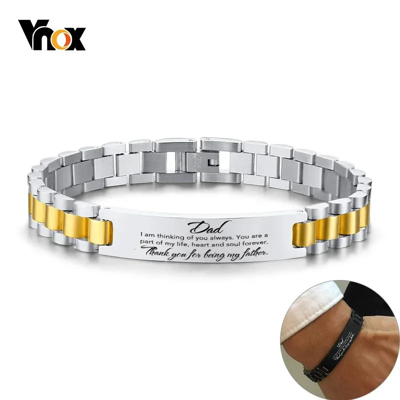 Vnox personalizar para o pai pulseiras para homens brilhante aço inoxidável link corrente gravar obrigado citações casual qualificado jóias masculinas 240110