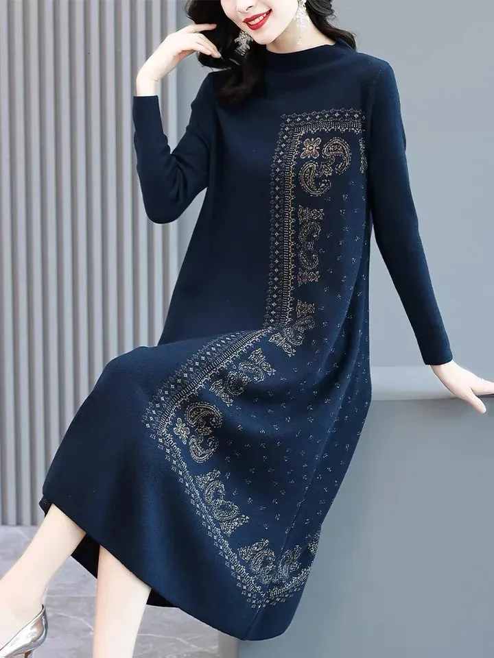 Осень-зима черное вязаное платье миди с принтом женское роскошное шикарное повседневное корейское платье с длинным рукавом 240111