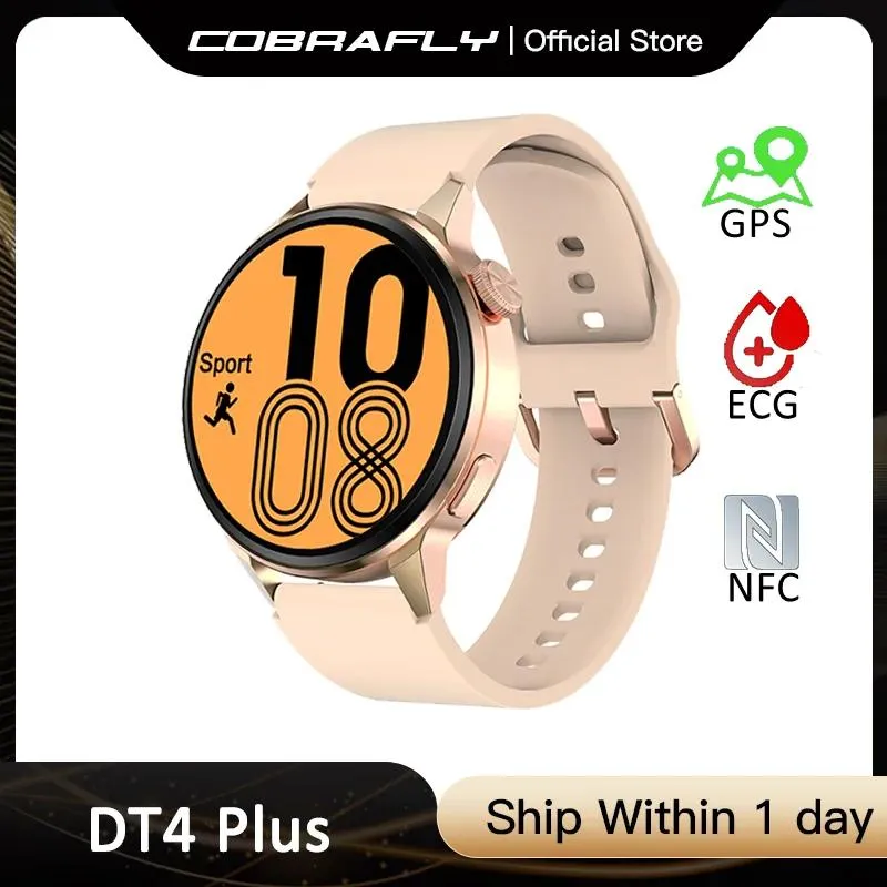 Watches Cobrafly 2022 DT4 Plus Men Women Smart Watch NFC 1,36 tum rundklockor Man 280mah Battery ECG Voice Assistant Fitness Armband