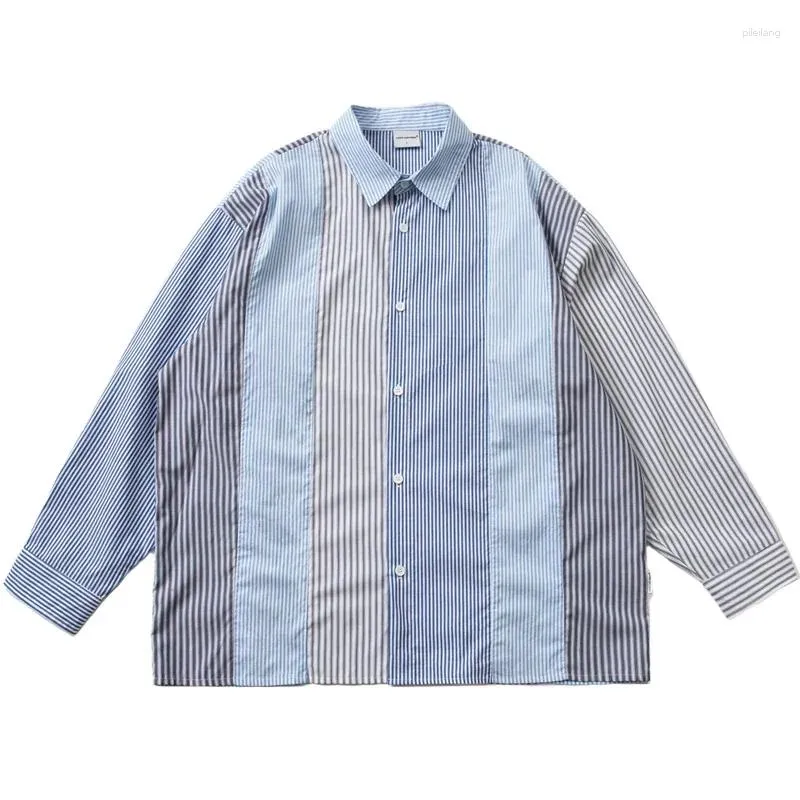 Chemises décontractées pour hommes Japonais Loose Edition Stripe Contraste Cousu Manches Longues Hommes Chemise Cityboy Bleu Col Turn-down