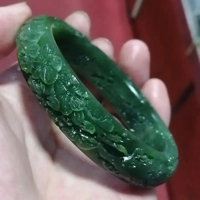 Armreifen, Güteklasse A, grüner Jade-Armreif, Damen-Heilstein, feiner Schmuck, echter Hetian-Jade, Nephrit, handgeschnitzter, exquisiter Muster-Armreif