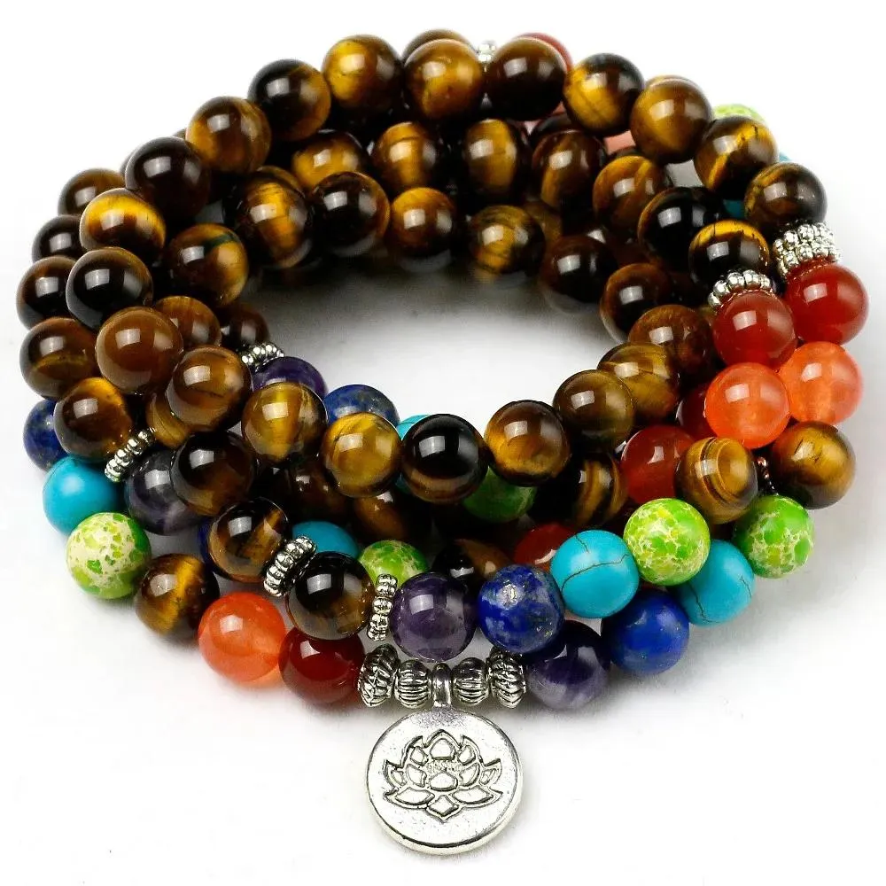 Armband Natural Tiger's Eye 7 Chakra Armband Men Women 8mm Stone Beads Healing Balance Reiki Prayer Yoga Strand Armband smycken