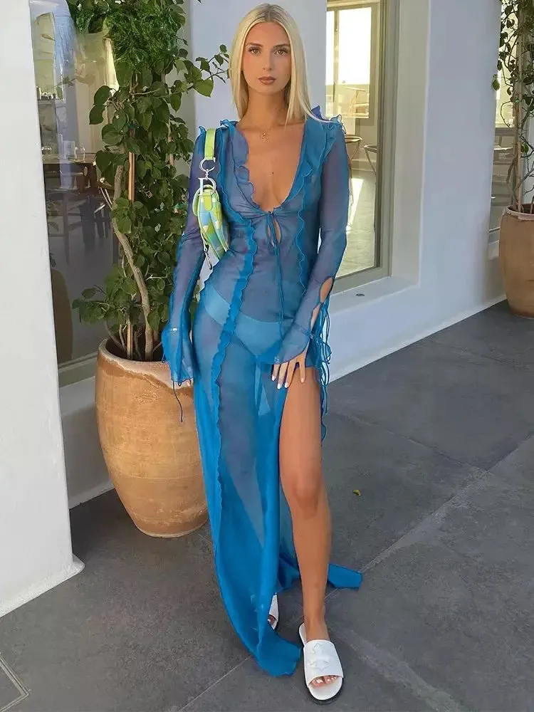 sachin and babi light blue dress Elegant Ruffles Maxi Dress Summer Sexy Straps Sleeveless Ruched Evening  Party Dresses for Women Holiday Beach Club Outfits – buy the best products  in the Ayzeze online store main image 1