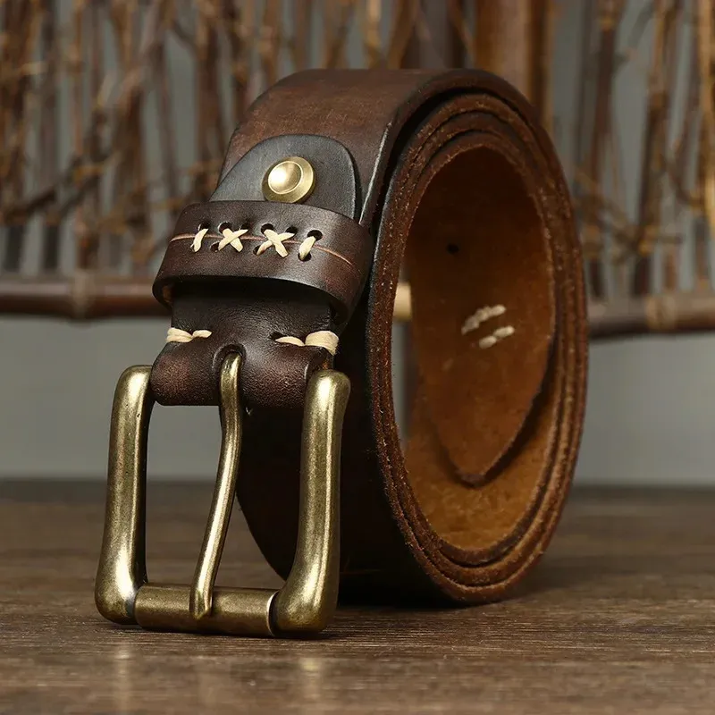 Cintura da uomo in vera pelle di alta qualità da 3,8 cm Cintura di design di lusso in ottone con fibbia ad ardiglione Cinture in pura pelle di vitello cinturino vintage Jeans maschili per uomo 240110