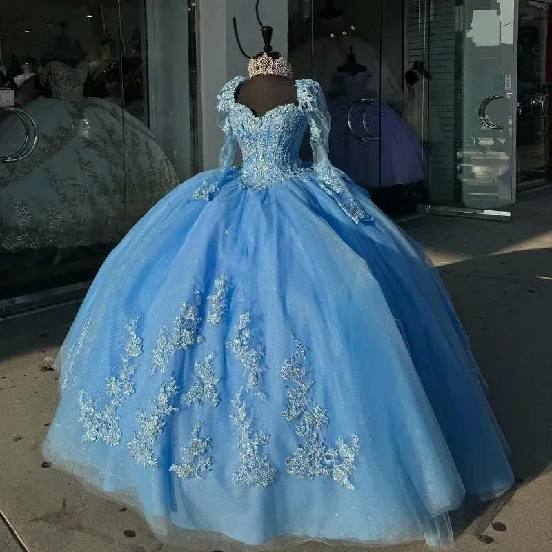 Mexican Sky Blue Off The Shoulder Ball Gown Quinceanera Beaded Lace Appliques Long Sleeved Birthday Gowns Sweet 16 Dress