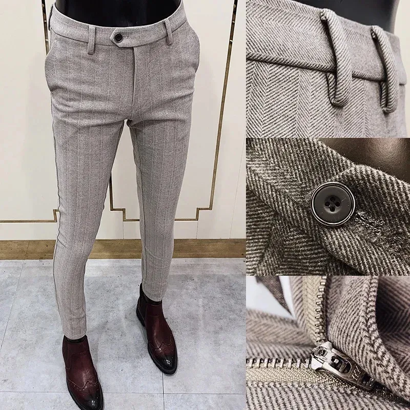 Outono inverno listrado lã pano terno calças masculinas casual magro em linha reta quente formal negócios social escritório vestido 240111