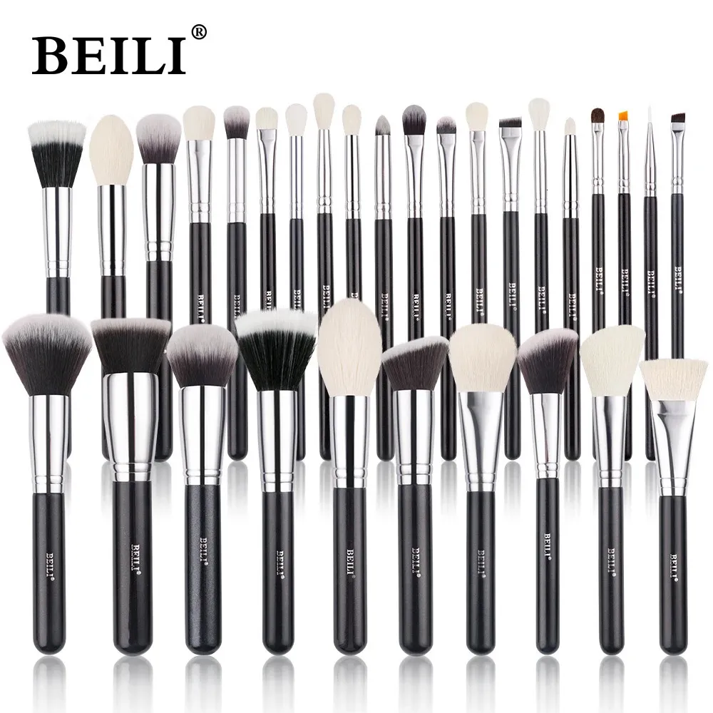 BEILI – ensemble de pinceaux de maquillage noirs, professionnels, en fibre de chèvre naturelle, pour fond de teint, poudre, Contour, fard à paupières, 240110