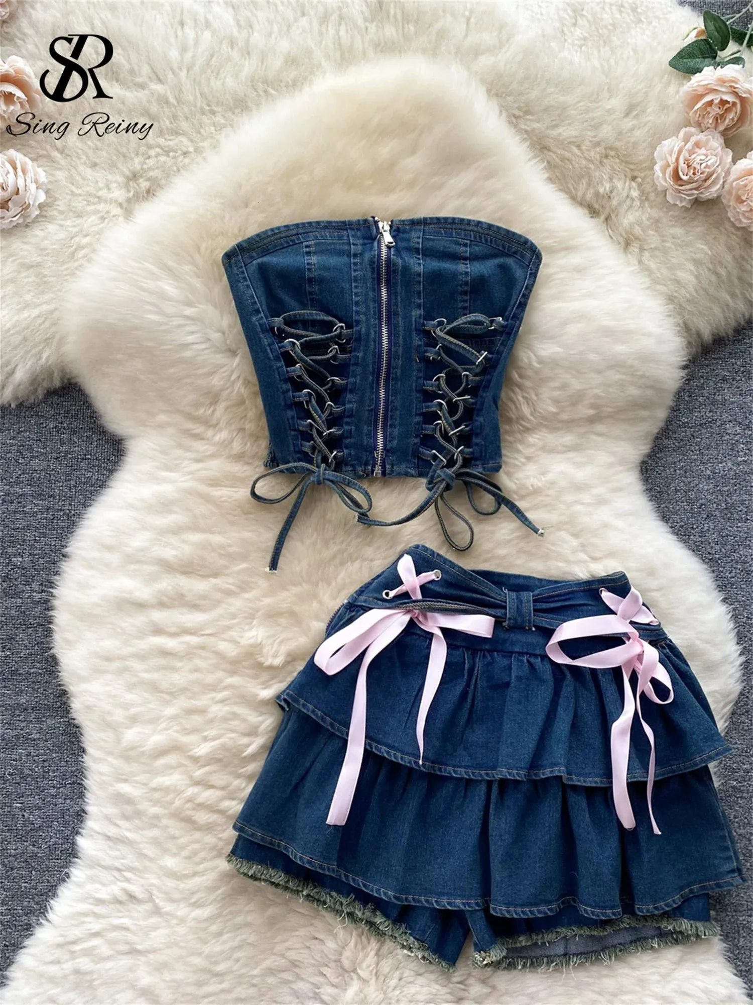 Singreiny Sweet Denim Dwie kawałki zestawy Zipper bez ramiączek Y2K Topelastic Mini Culottes Lace Up Bandage Streetwear Suits 240111