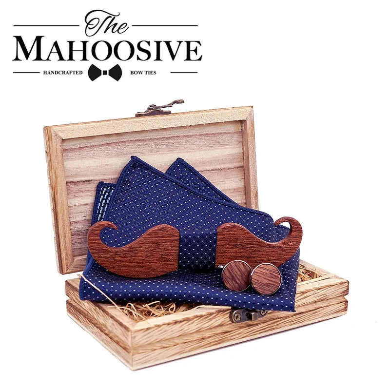 Mustache Wood Bowtie Handkerchief Cufflinks Sets for Mens Suit Wooden Bow tie drop Bow Tie Bowknots Cravat 240111