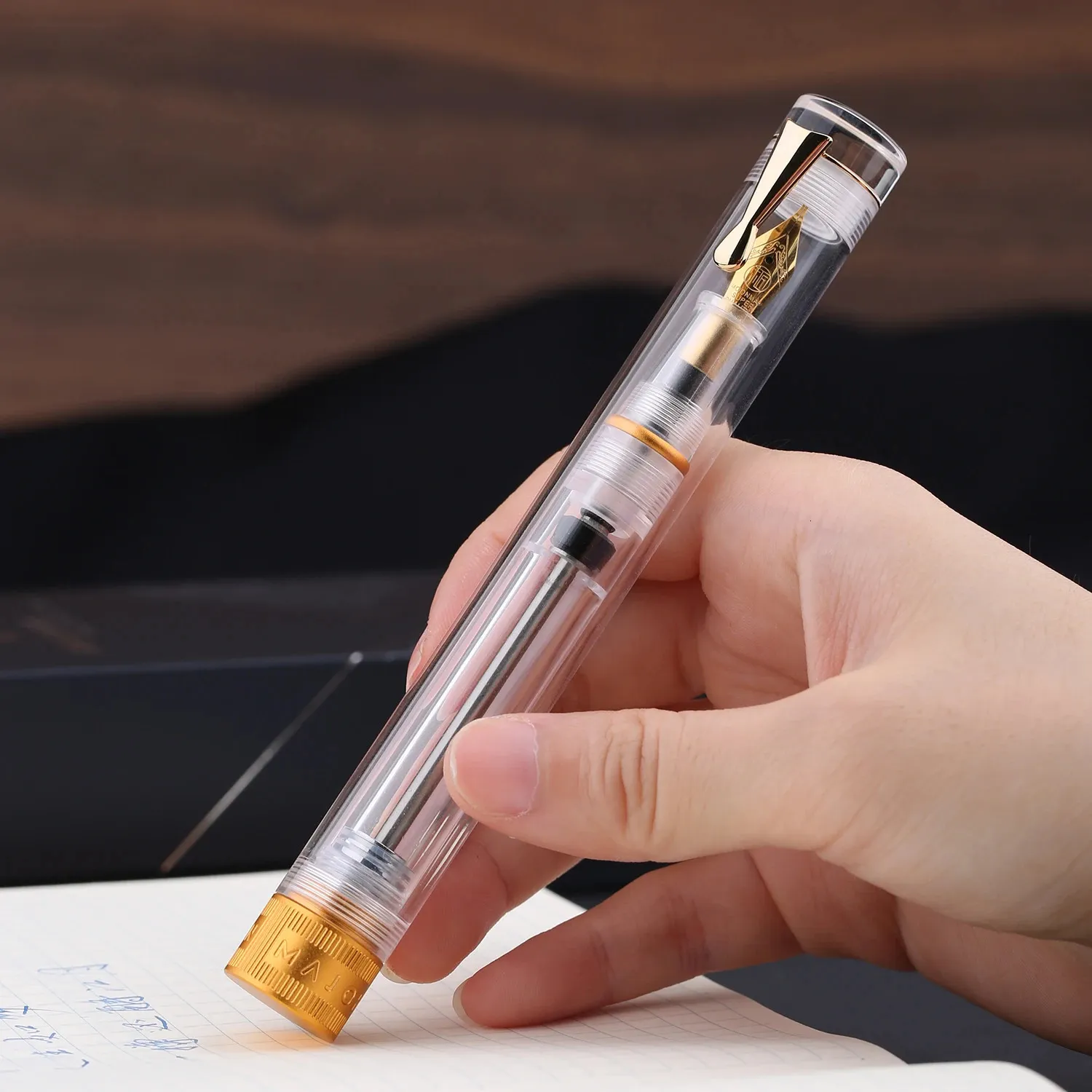 Majohn V1 stylo plume de remplissage sous vide EF/F/M/plume coudée résine transparente pince dorée/argent démonstration stylo cadeau d'écriture 240110