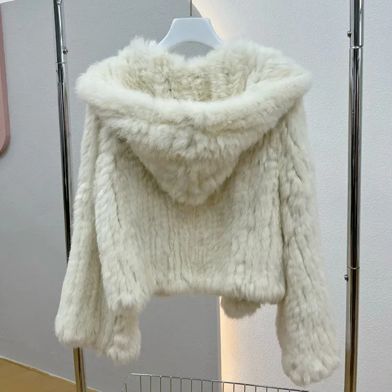 Real Rabbit Fur Hooded Coat Long Sleeve Women Casual Loose Knitted Genuine Fur Jacket With Hood Female Natural Fur Outwear 240111