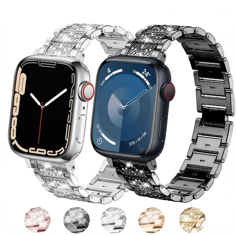 حزام سلسلة المجوهرات الفاخرة لفرقة Apple Watch Ultra 2 49mm 41mm 45mm 40mm 44mm 42mm 38mm Bracelet Diamond Wrist Iwatch Series 8 7 6 5 4 3 Se