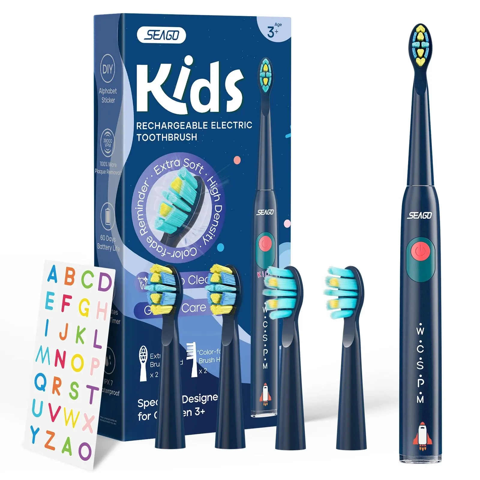 Brosse à dents SeaGo Kids Electric Brosse à dents pendant 6 + années 5 Modes RECHARAGE IPIX7 POWERSHER POWER SONIC BRUSHE DE TEMPLACE SG2303