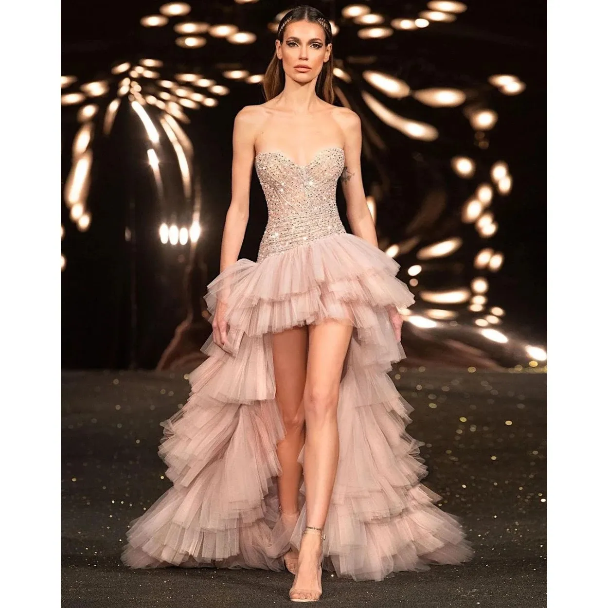 2024 Elegant Strapless Sequined High Low Prom Dress With Ruffles Tiered Design For Womens Evening Events From Donnaweddingdress17 141.76 DHgate.Com