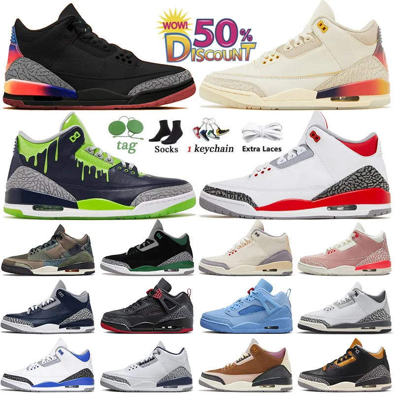 Nike Air Jordan Retro 3 Jordan3s Pine Green Jumpmans Homens Mulheres Tênis de basquete Preto Cimento Racer Azul Laser Laranja Tênis Patchwork Tamanho Esportivo 40-47