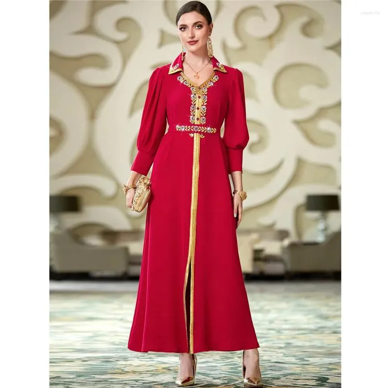 Roupas étnicas Elegantes Diamantes Abaya Mulheres Muçulmanas Eid Mubarak Maxi Vestido Marroquino Jalabiya Festa Vestido de Noite Kaftan Dubai Robe Cinto