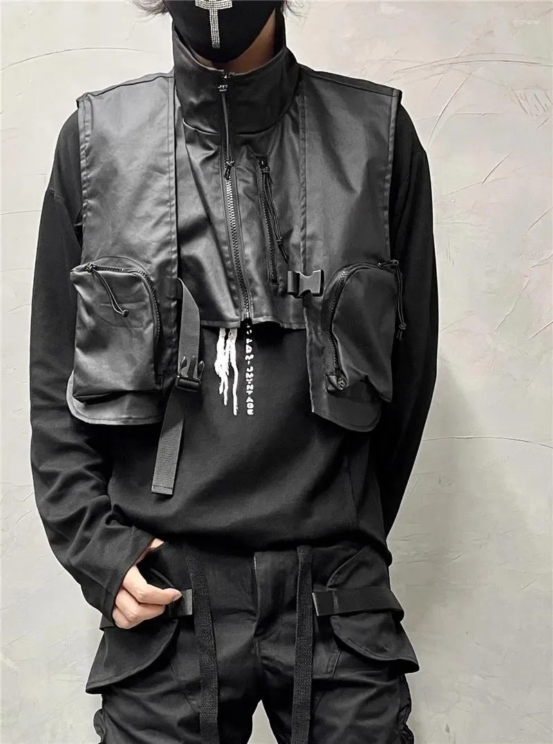 남자 트랙 슈트 다크 레트로 바틱 코팅 된 맞춤 조끼 트렌디 한 포켓 스티칭 툴링 기술웨어 코트 양복 조끼