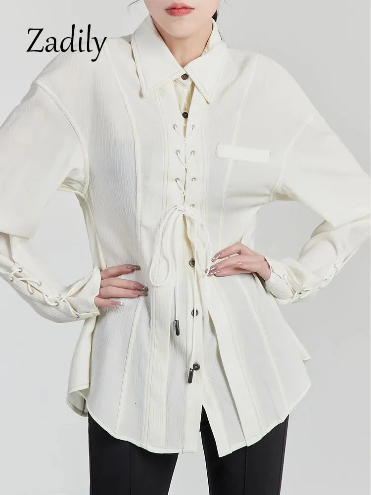 Zadily Spring Office Lady Long Sleeve Woman Biała koszula w stylu Bandage Bandage Buzja Bluzka Praca żeńska odzież Top 240111