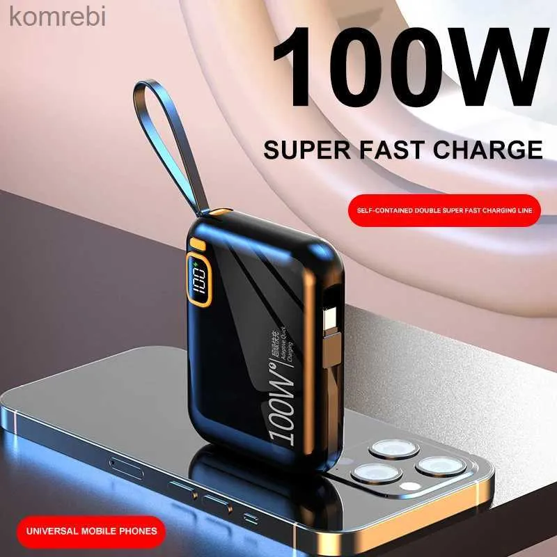 Cep Telefonu Güç Bankaları 30000mAH Güç Bankası PD100W Mini Yerleşik Hat Powerbank Çıkarılabilir USB Typec Kablo Twoway Iphone Samsungl240111 için Fast Charger