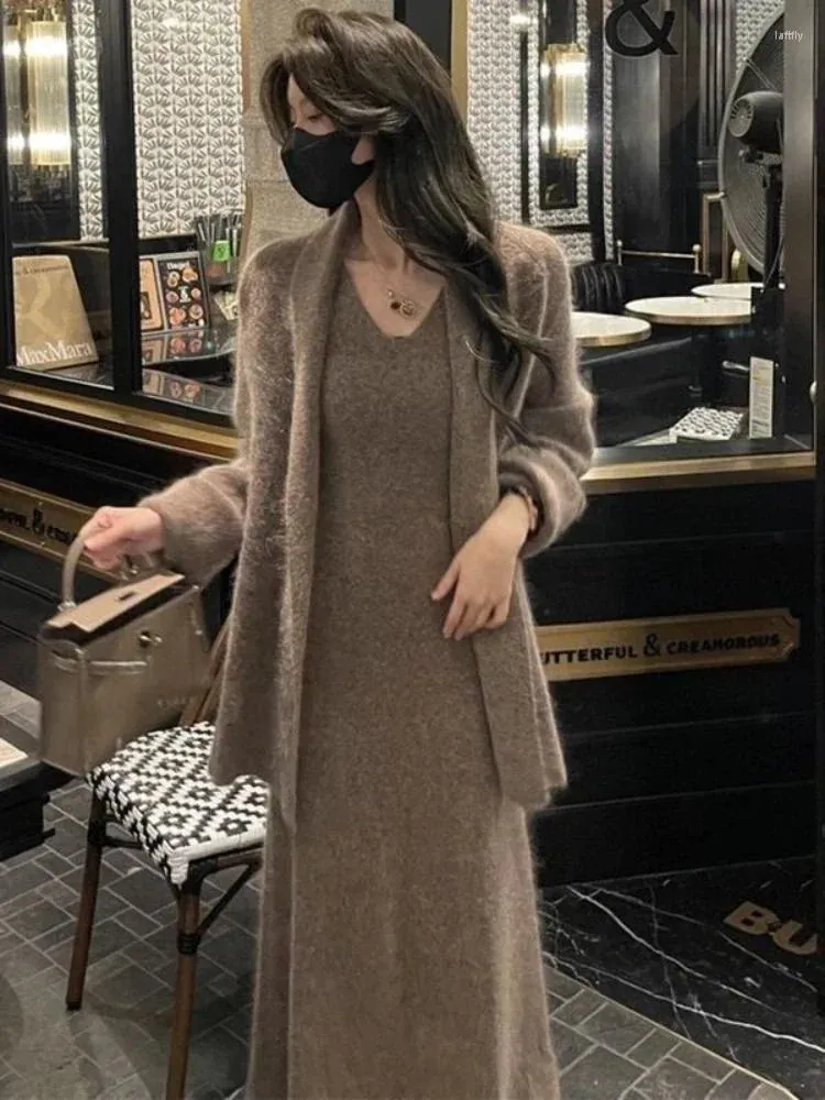 Vestidos de trabalho conjuntos para mulheres 2 peças outono inverno sólido malha cardigan topo camisola casaco vestido roupas elegantes femininas