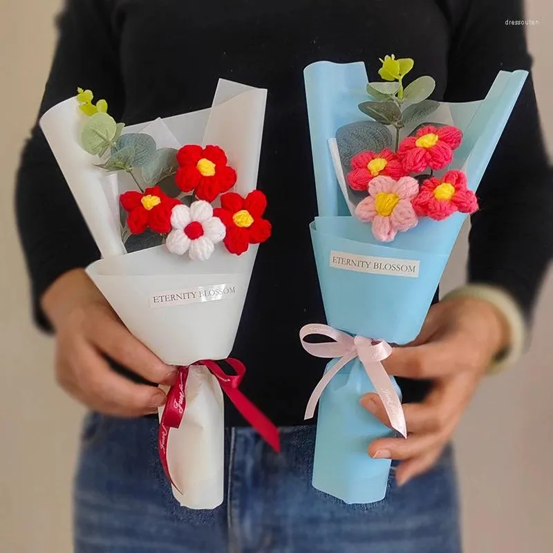 Dekoratif Çiçekler 1 PC Bitmiş Tığ işi El Örme Çiçek Buket Taşınabilir Öğretmen Günü Hediyeleri Parti Malzemeleri
