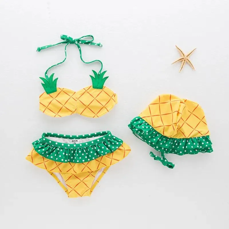 set Driedelig kinderbadpak Split Type Ananas Geel Bikini's Meisje Hot Spring Zwemmen Zomerkostuum Fris en koel