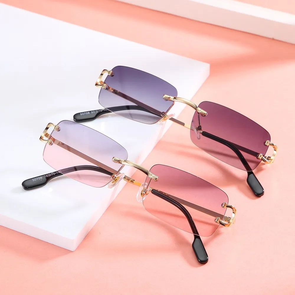 2024 Square frameless cut edge sunglasses for women, European and American fashion INS style street photos, trendy sunglasses, personalized small glasses