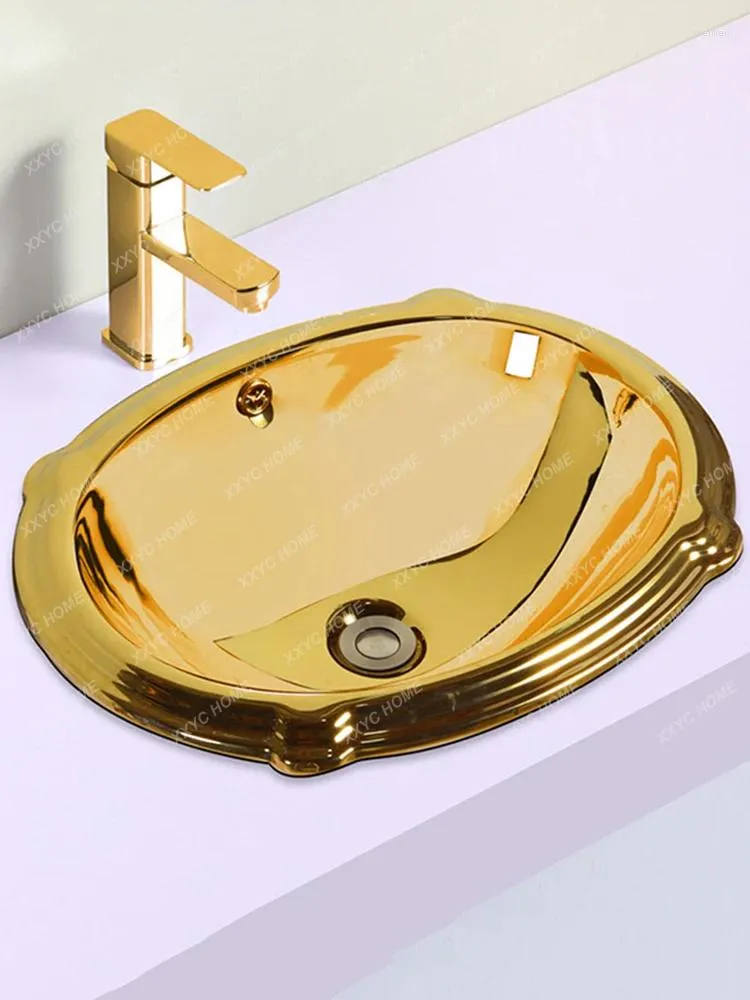 Badrumsvaskar kranar europeisk stil rund drop-in keramisk bassäng inbäddad liten storlek tvätt guldpläterad mitt