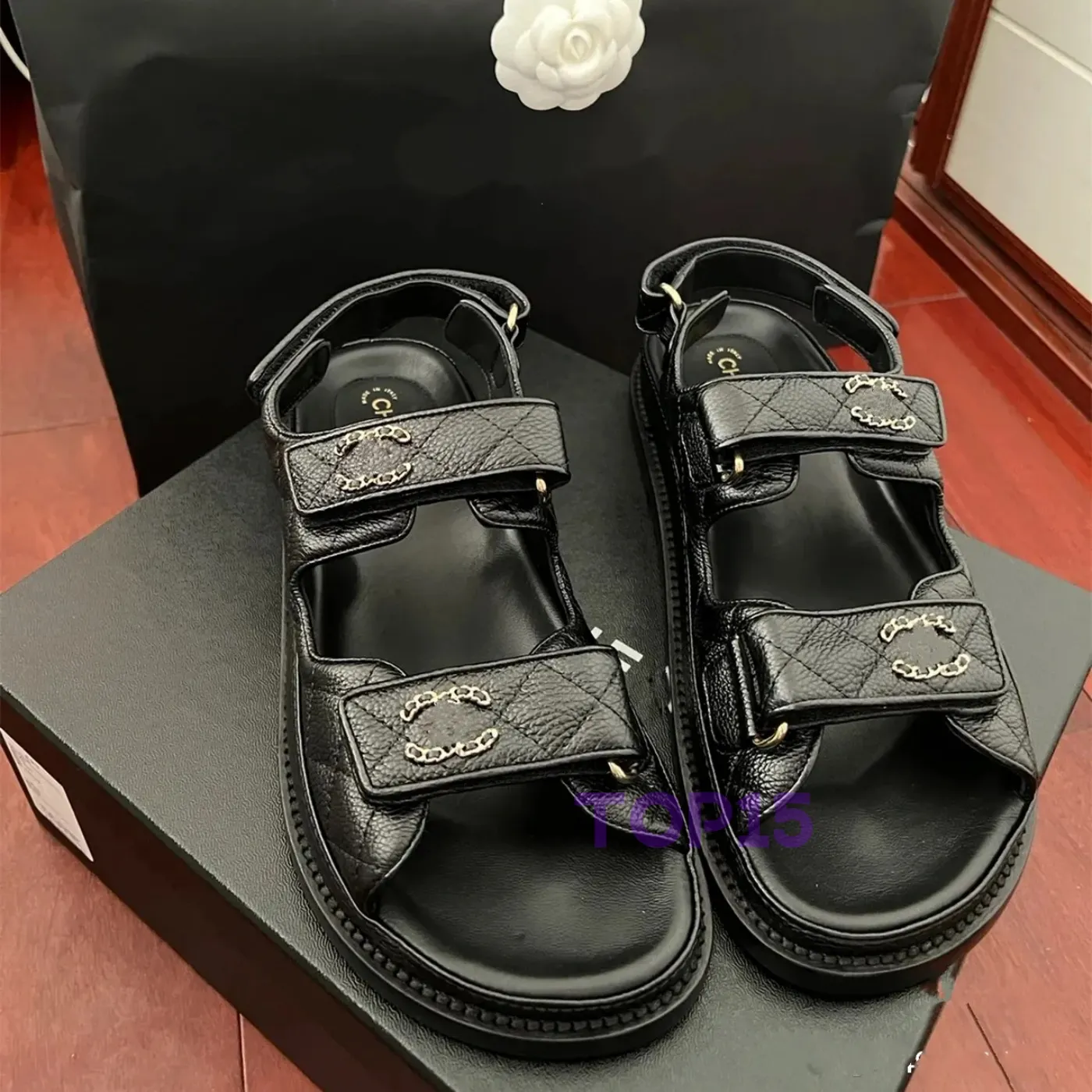 Designer-Channel-Schuhe, Sandalen, Slipper, Damen-Sandalen, hochwertige Schieber, Kristall-Kalbsleder-Schuhe, gesteppt, Plattform, Sommer, bequem, Strand