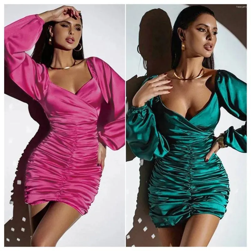 Casual Dresses Pleated Satin Dress Mini Elegant 2024 Fall Winter Women Luxury Clothes Bodycon Club Lady Sexy Short