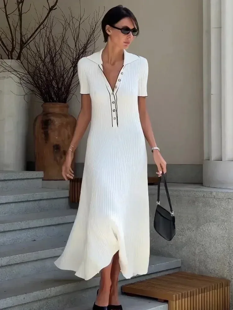 Vestido Maxi De Punto Blanco Para Mujeres Manga Corta, Mosaico