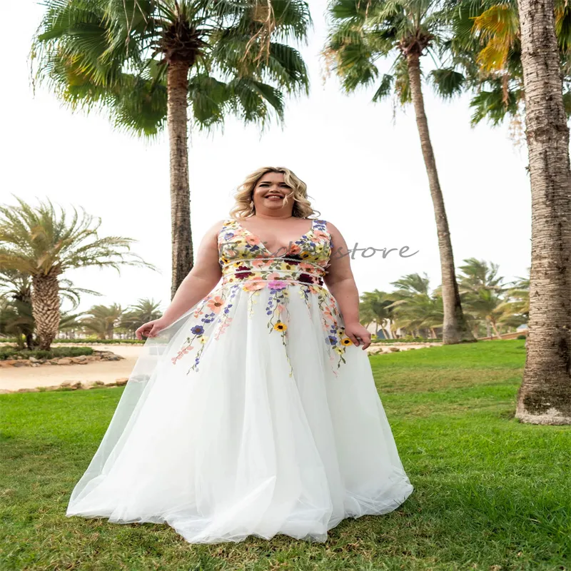 Vestido de novia de flores coloridas de talla grande Mexica 2024 Cuello en V profundo Una línea Vestido de novia de jardín campestre Corsé elegante con cordones Vestido de novia bohemio bohemio Gran Gatsby Novias