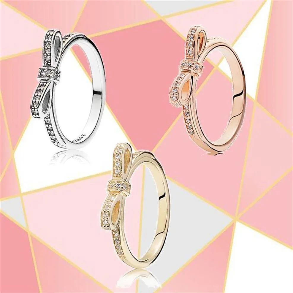 Bagues de cluster 2021 Tendance de la mode 100% S925 Sterling Silver Real Rose Gold 3 couleurs Bow Ring Original DIY Bijoux Convient pour Wome247n