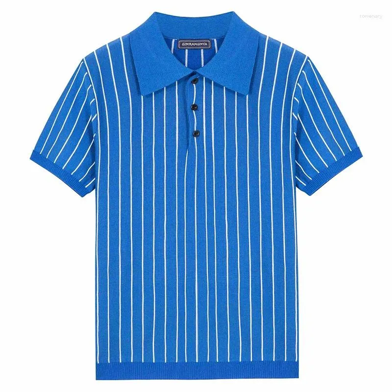 Polos masculinos 2024 casual listrado malha polo camisa streetwear botão para baixo manga curta t para homens respirável vintage M-3XL roupas de luxo