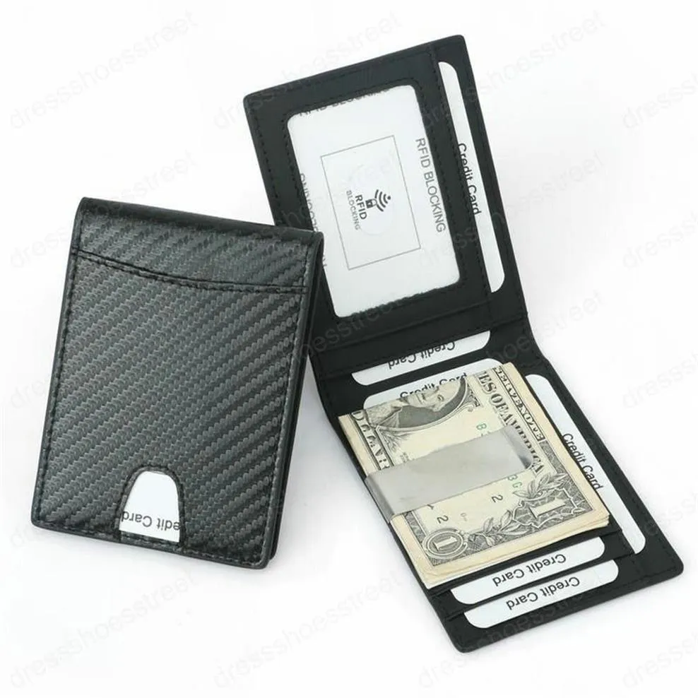 RFID Carbon Fiber Pattern Slim Money Clip for Men Leather Mini Wallet with Money Clips Small Wallet Purse191U