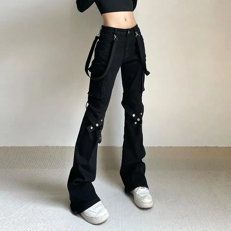 Jeans Street Style Dames metalen been ring splitsing slanke vrouwelijke lange broek lage taille modieuze laadbeen flare coole meisjesbroek