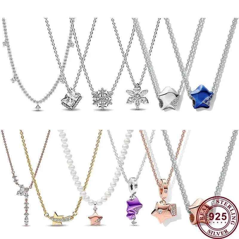 Hangers 2022 Nieuwe Hot 925 Silver Sparkling Snowflake Specimen Lucky Star Women's Logo Necklace geschikt voor origineel DIY Charm Jewelry