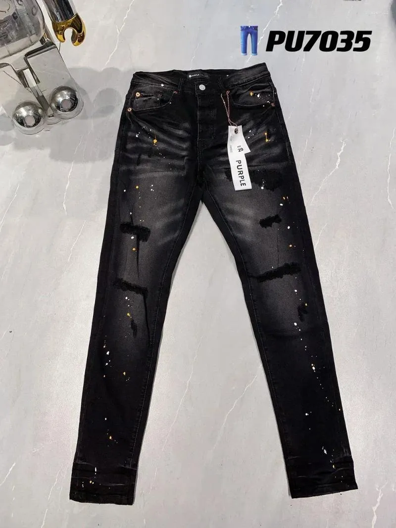 Herrenjeans Lila Marke Slim Fit Farbe Druckhose Streetwear Stretch Jeans mit beschädigtem Loch Schwarze Röhrenjeans