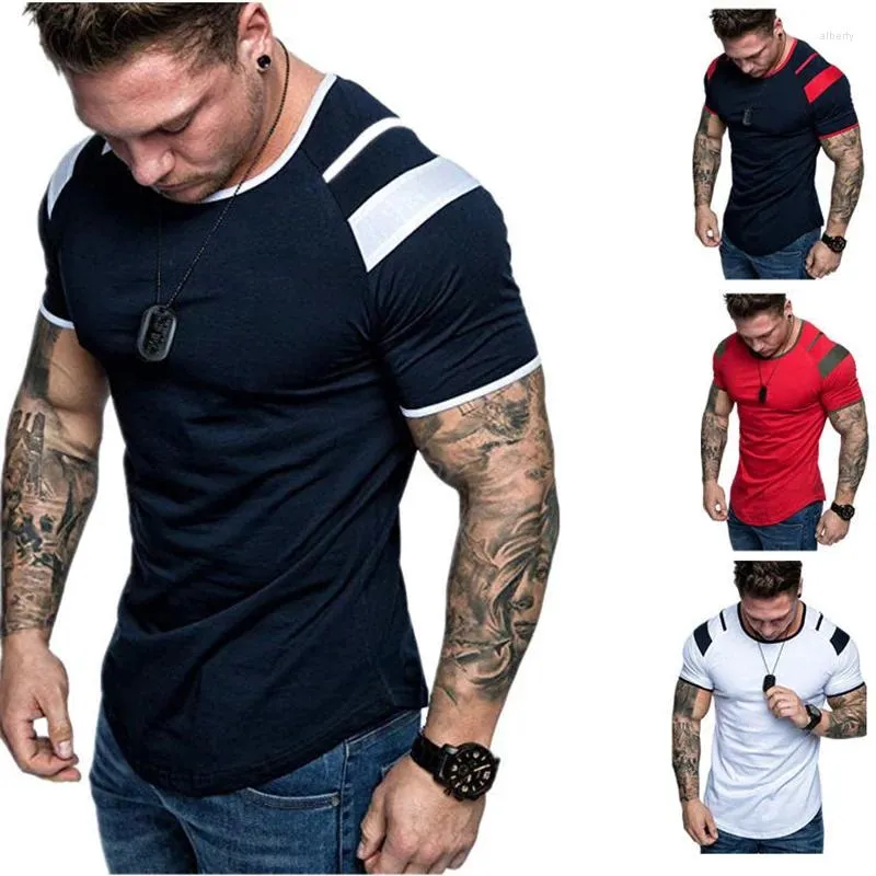 Camiseta masculina verão manga curta camiseta em torno do pescoço ombro cor combinando casual esportes masculino algodão sólido