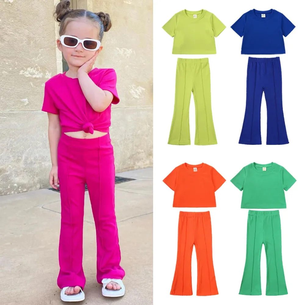 Zomer Meisjes Bell Bottom Outfits 2 stuks Effen Katoenen T-shirt Broek Pak Voor Kinderen Tiener Mode Trainingspak Kleding 240110