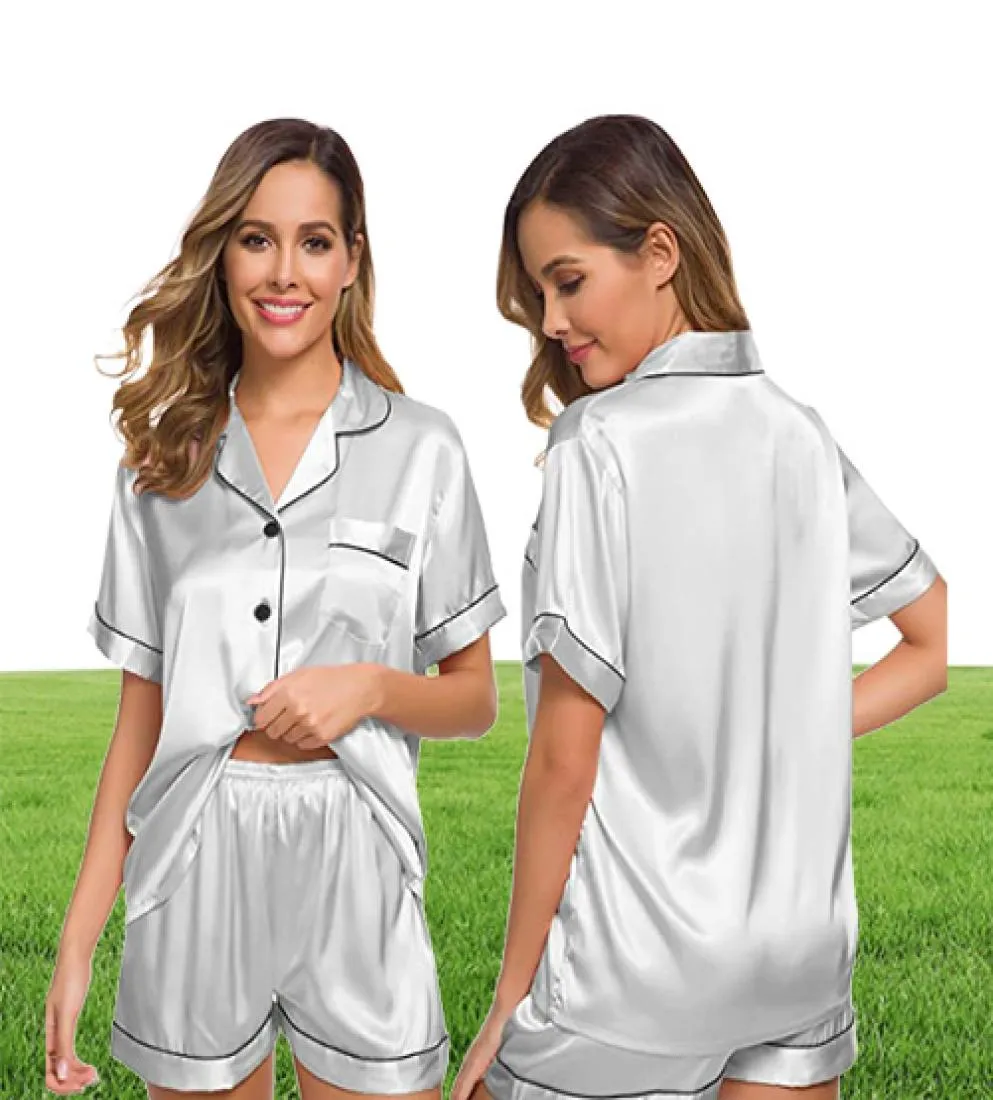 Summer Sexy Women Silk Satin Pajamas Set TwoPiece Pj Sets Sleepwear Nightwear Loungewear ButtonDown Pj Sets1553115
