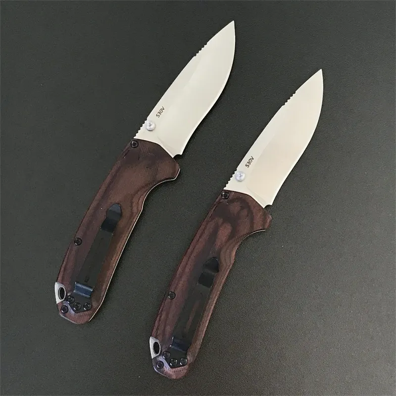 Promotion BM15031 Folding Knife S30v Satin Drop Point Blade Wood with Steel Sheet Handle Outdoor Camping Hiking Fishing EDC Pocket Knives